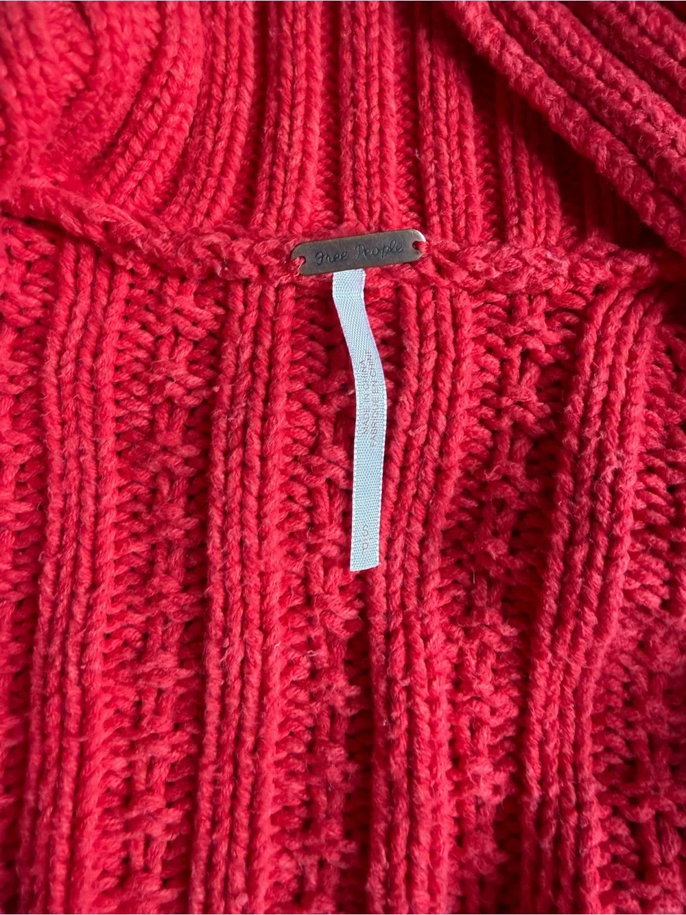 Free People Women's Red Cable Knit V-Neck Sweater